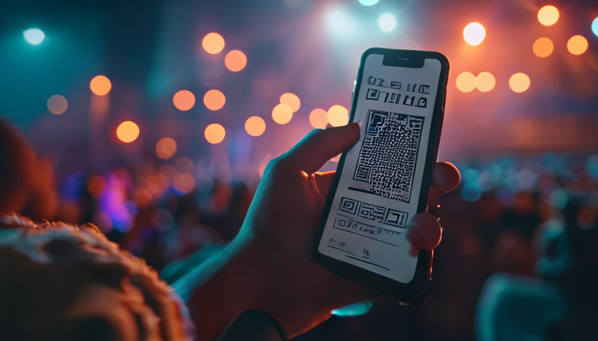 사람의 손에 들린 스마트폰 화면에 QR 코드가 표시되어 있고, 배경은 흐릿한 조명으로 가득하다.