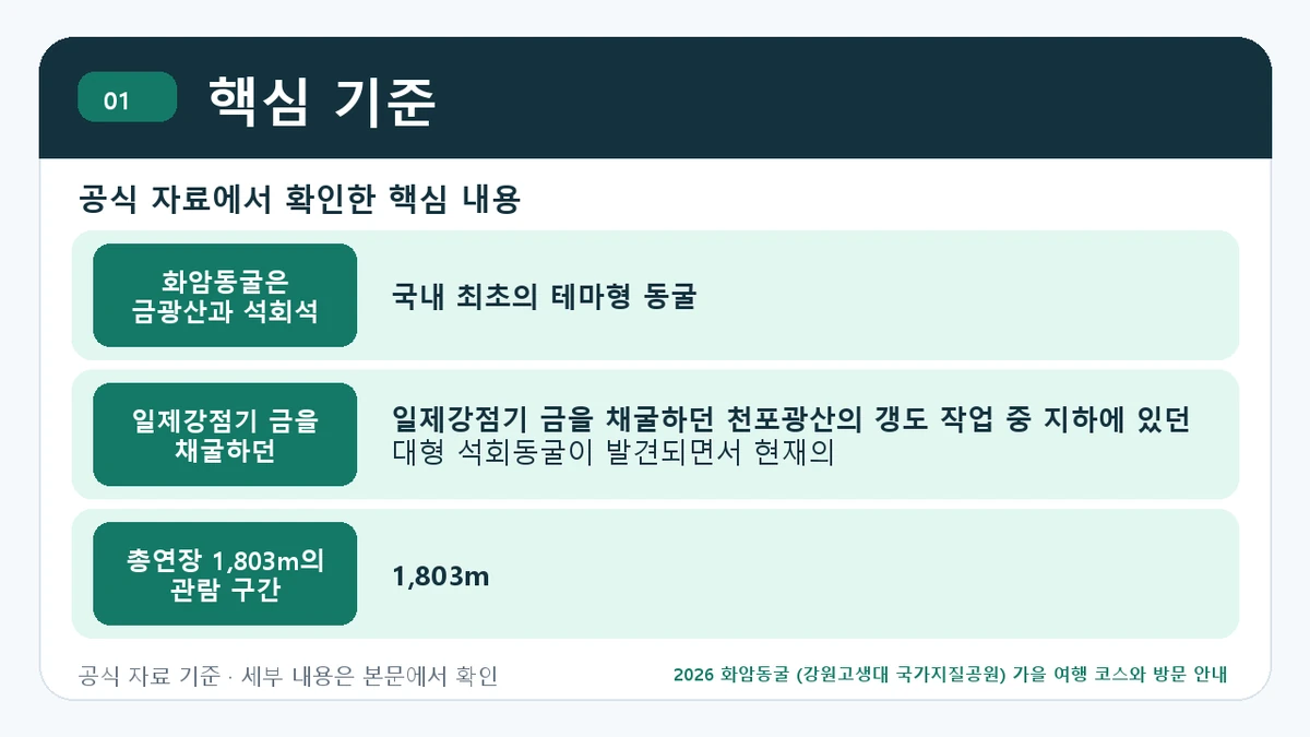 2026 화암동굴 (강원고생대 국가지질공원) 가을 여행 코스와 방문 안내 핵심 기준 핵심 정보를 정리한 안내 이미지
