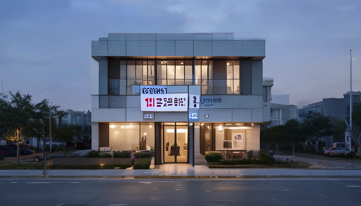 현대적인 건물 외관에 한국어로 '임대 주택'이라고 표시된 간판이 걸려 있습니다.