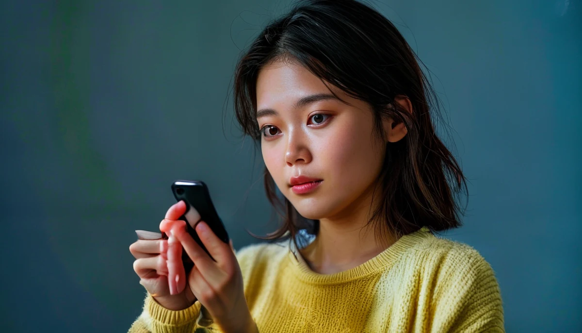 노란색 스웨터를 입은 여성이 스마트폰을 보고 있다.
