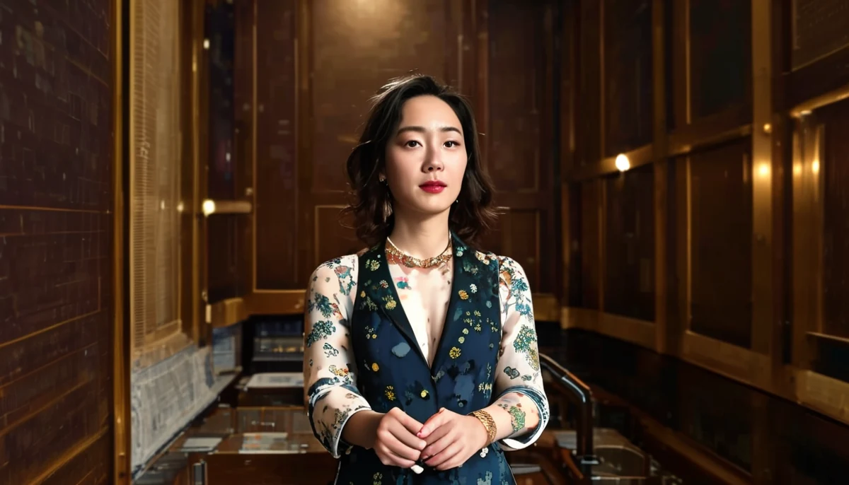 화려한 의상을 입은 여성이 실내에서 정면을 바라보고 있다.