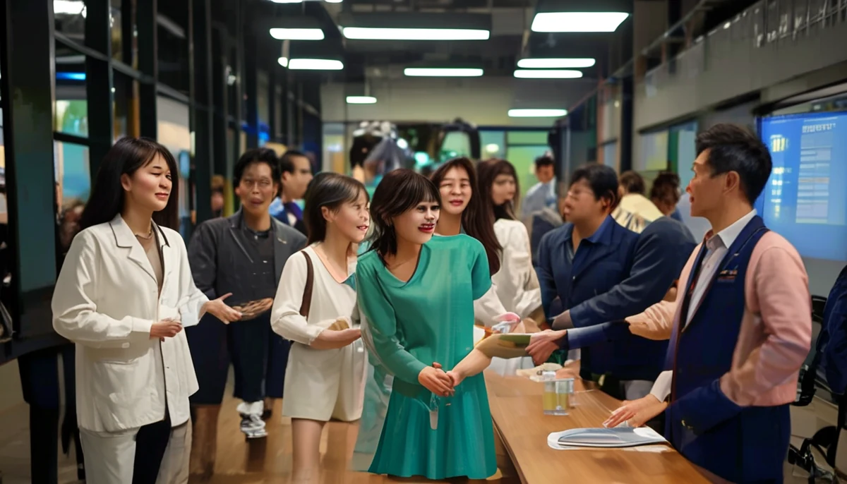 다양한 연령대의 사람들이 실내에서 서로 대화하며 교육 시설을 둘러보고 있다.