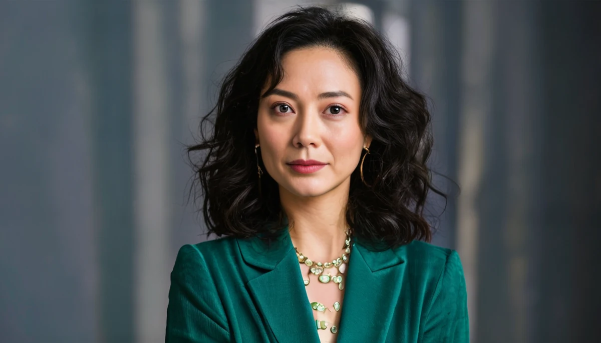 푸른색 재킷을 입고 목걸이를 한 여성이 카메라를 응시하고 있다.