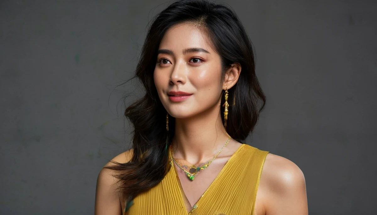 노란색 옷을 입고 목걸이와 귀걸이를 한 여성이 카메라를 바라보고 있다.