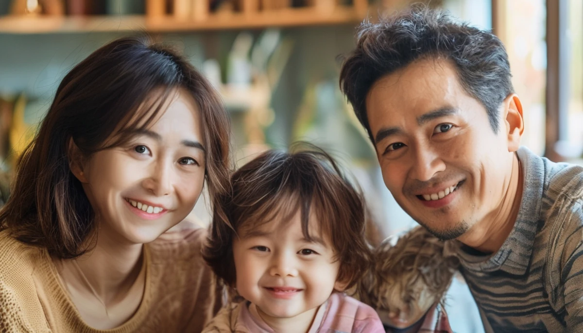 행복하게 웃고 있는 세 식구의 모습
