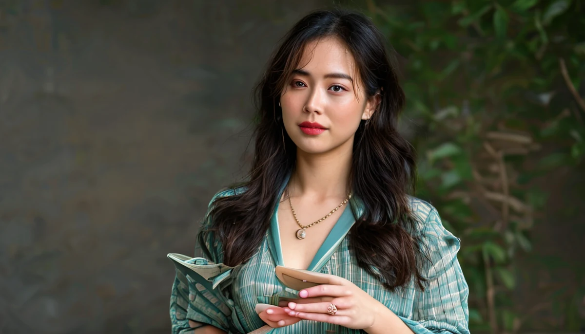 푸른색 줄무늬 옷을 입고 목걸이를 한 여성이 서류를 들고 있다.