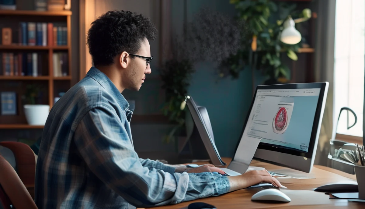 안경을 쓴 남자가 컴퓨터 화면을 보며 키보드를 타이핑하고 있다.