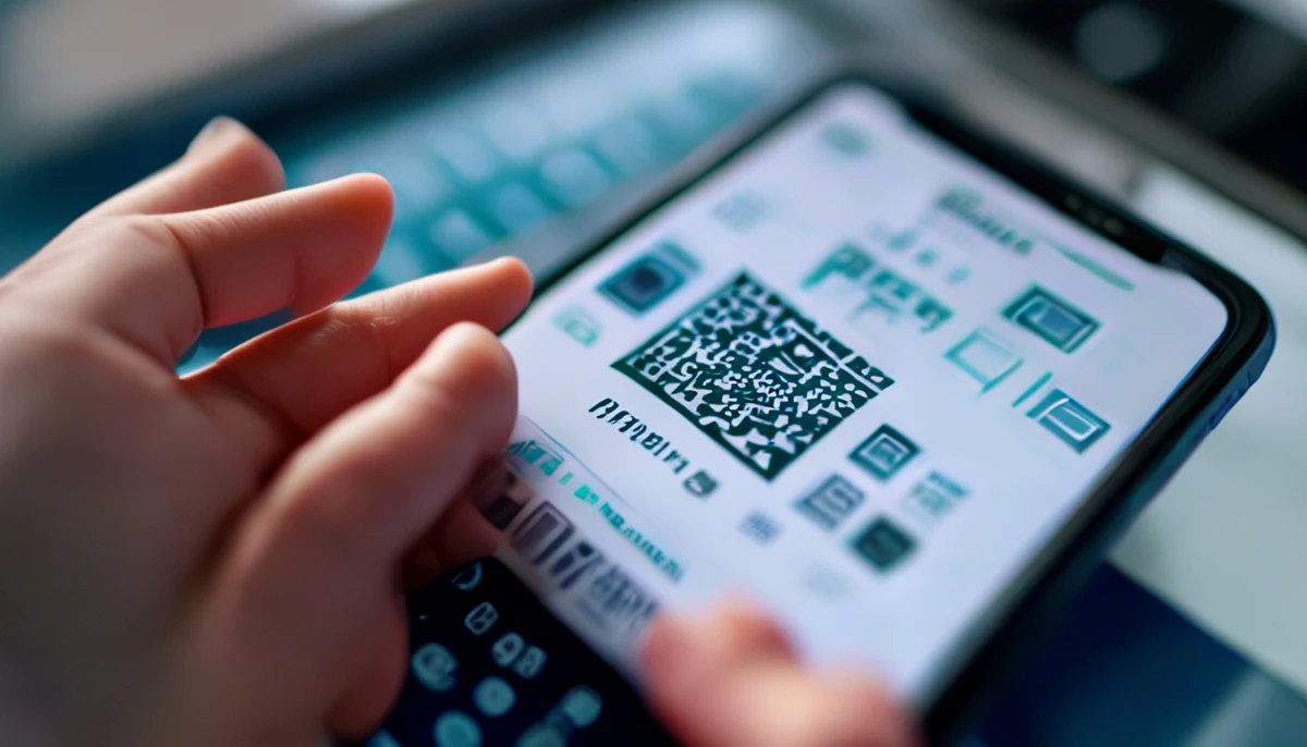 스마트폰 화면에 QR 코드가 표시되고 손가락으로 조작하는 모습