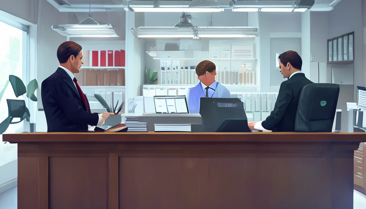사무실 카운터에서 직원이 방문객을 응대하고 있다.