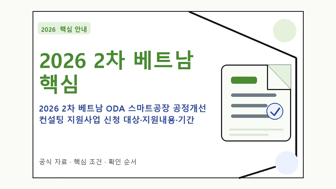 2026 2차 베트남 ODA 스마트공장 공정개선 컨설팅 지원사업 신청 대상·지원내용·기간 핵심 기준을 정리한 안내형 대표 이미지
