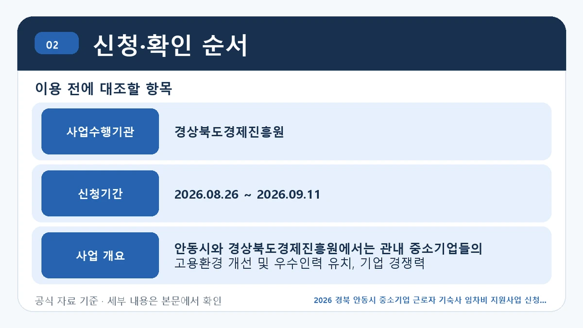 2026 경북 안동시 중소기업 근로자 기숙사 임차비 지원사업 신청 대상·지원내용·기간 신청·확인 순서 핵심 정보를 정리한 안내 이미지