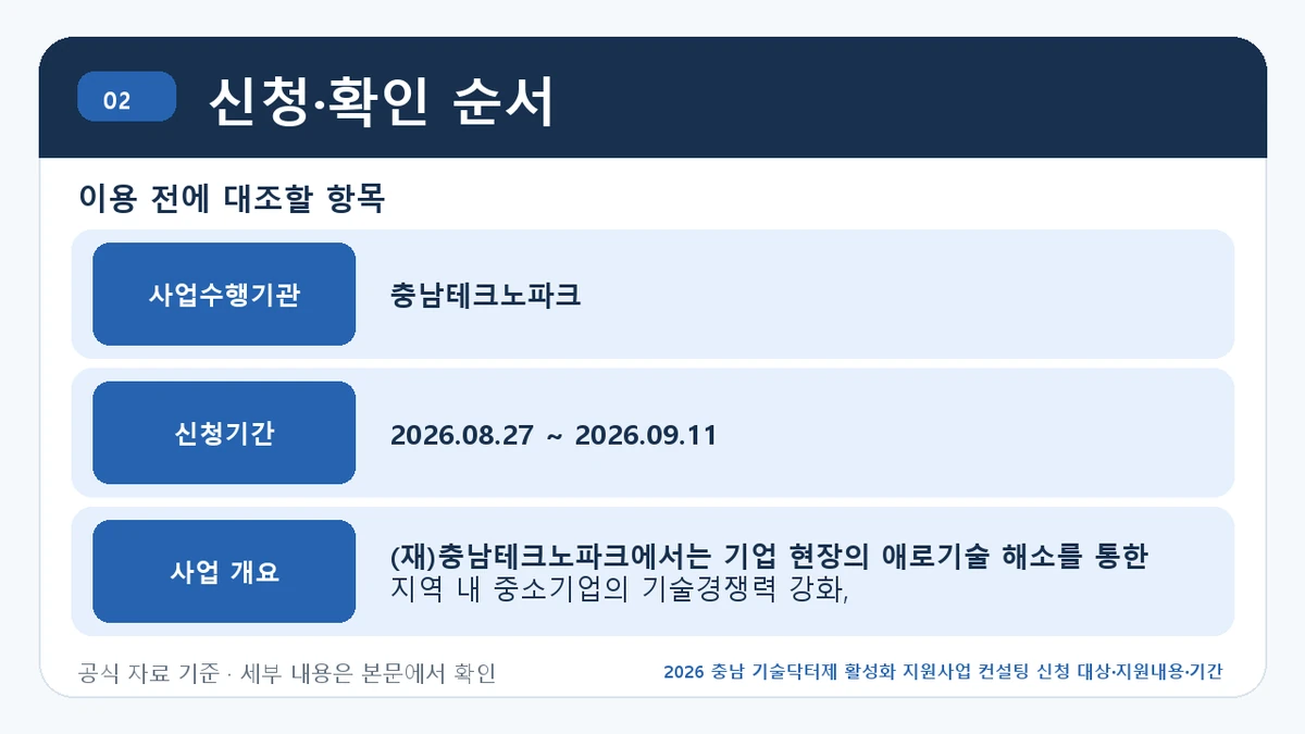 2026 충남 기술닥터제 활성화 지원사업 컨설팅 신청 대상·지원내용·기간 신청·확인 순서 핵심 정보를 정리한 안내 이미지