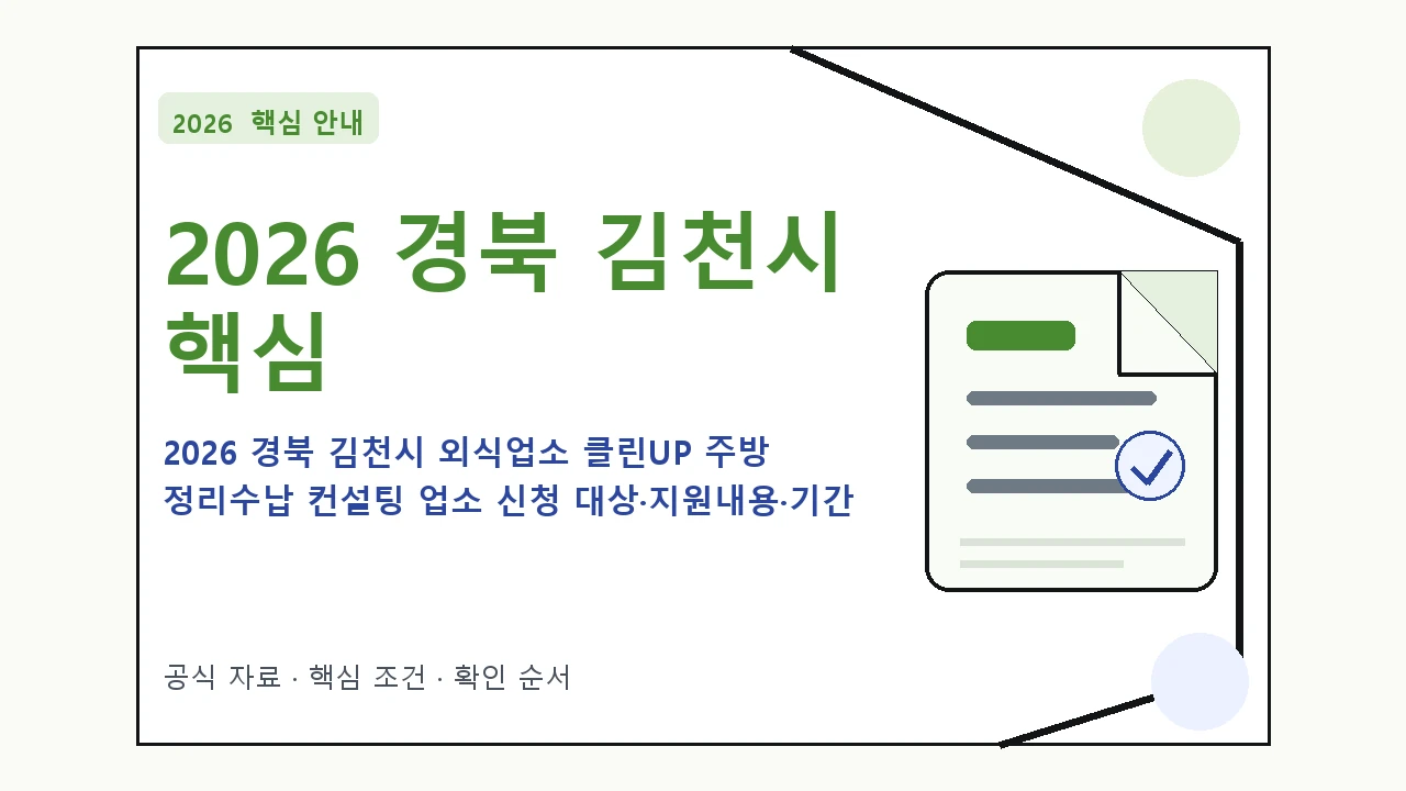 2026 경북 김천시 외식업소 클린UP 주방 정리수납 컨설팅 업소 신청 대상·지원내용·기간 핵심 기준을 정리한 안내형 대표 이미지