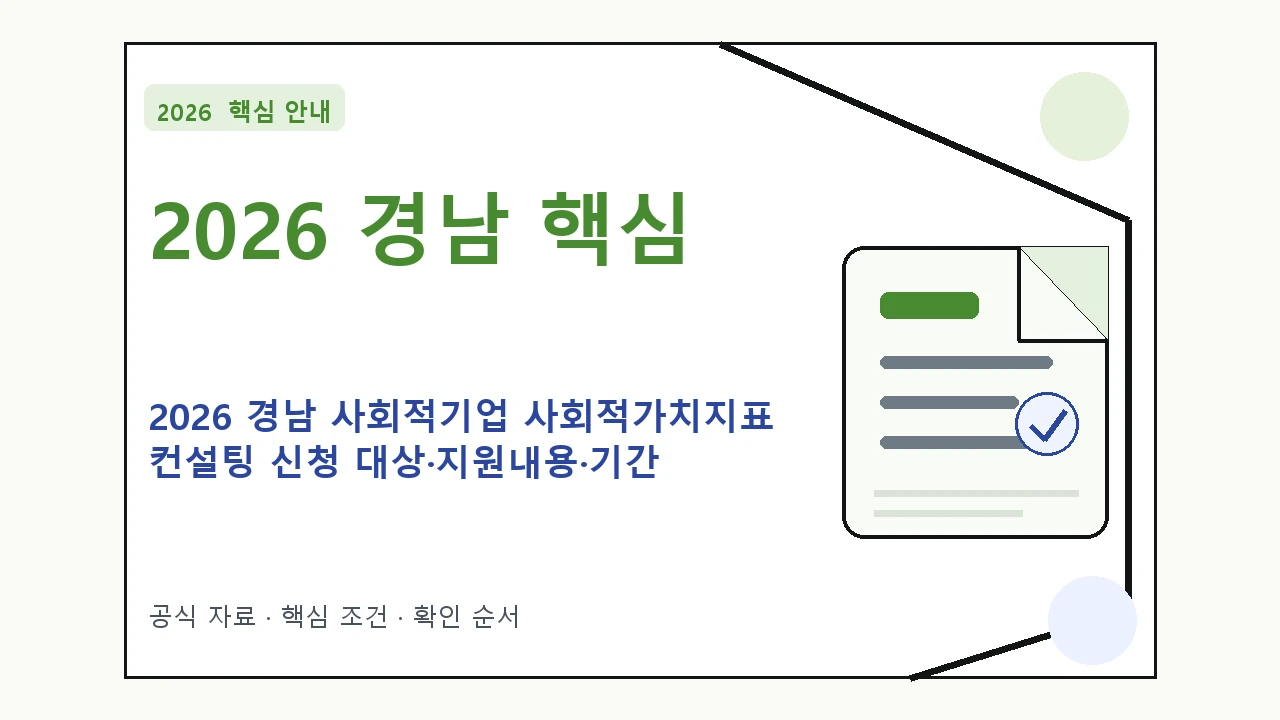 2026 경남 사회적기업 사회적가치지표 컨설팅 신청 대상·지원내용·기간 핵심 기준을 정리한 안내형 대표 이미지