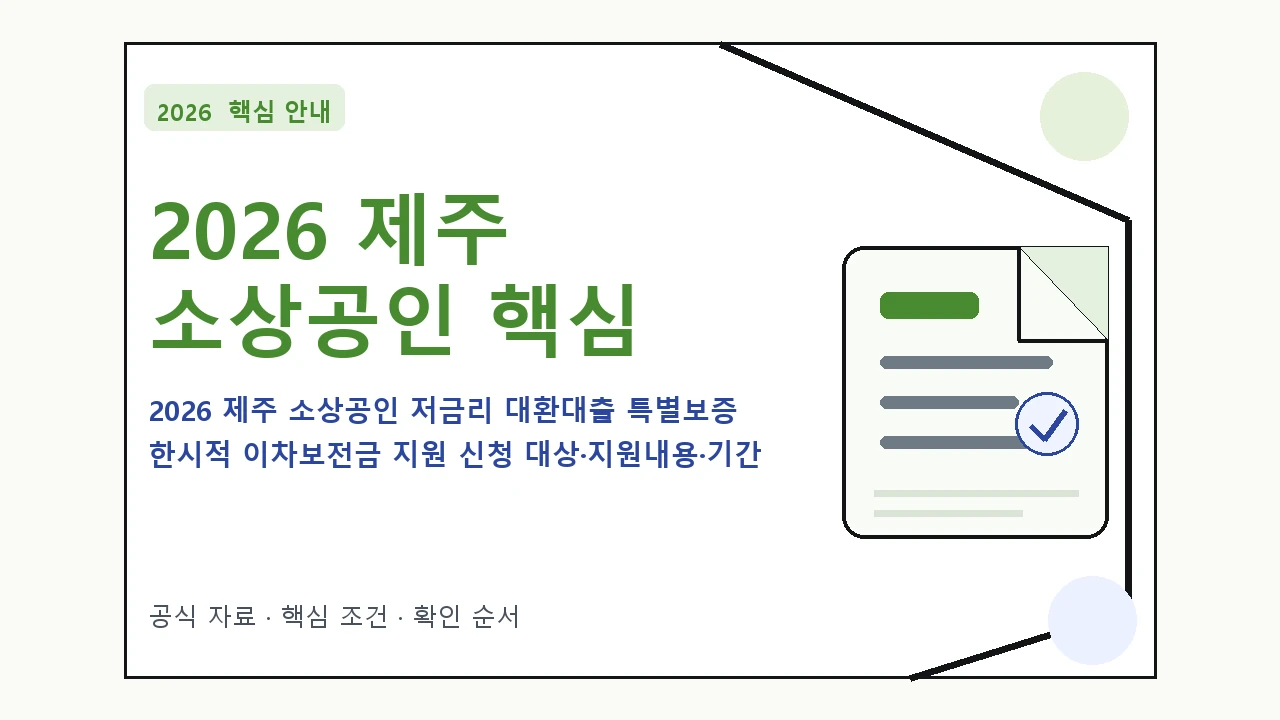 2026 제주 소상공인 저금리 대환대출 특별보증 한시적 이차보전금 지원 신청 대상·지원내용·기간 핵심 기준을 정리한 안내형 대표 이미지